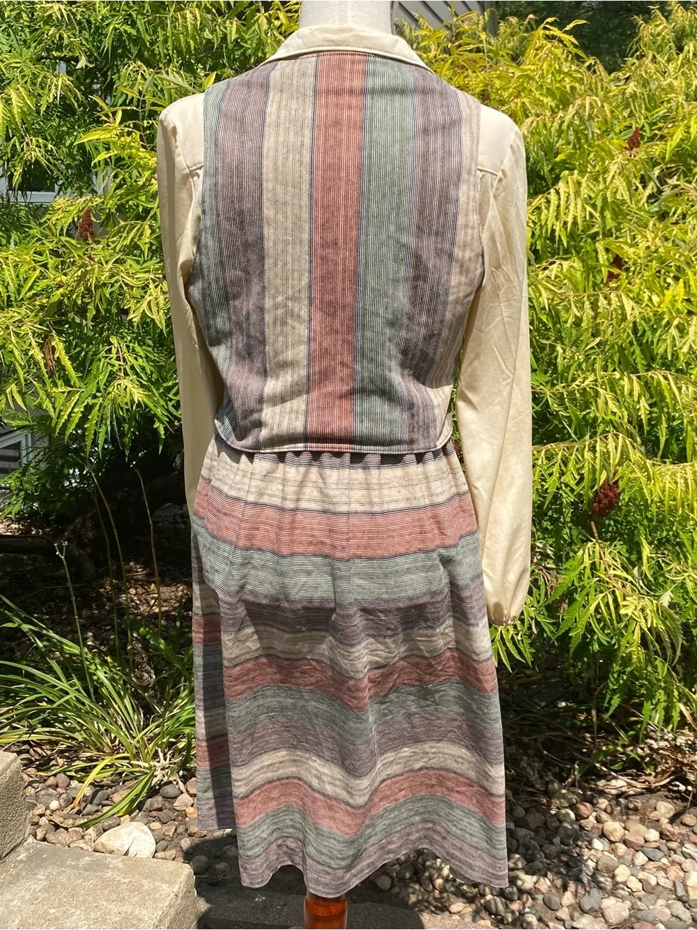 Vintage 70’s Kay Windsor Earth Tone Striped Dress and Vest Outfit Medium Large